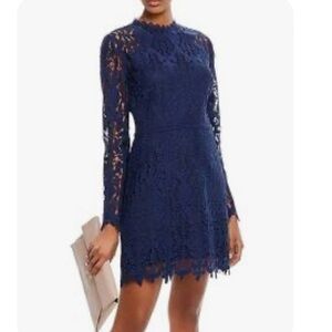 AQUA Long Sleeve Blue Cutwork Lace Sheath Dress Small Navy Blue